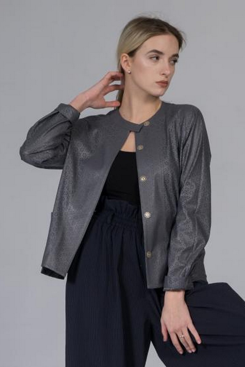 Buy Women eco leather grey short coat, Straight buttons long sleeve punch 
