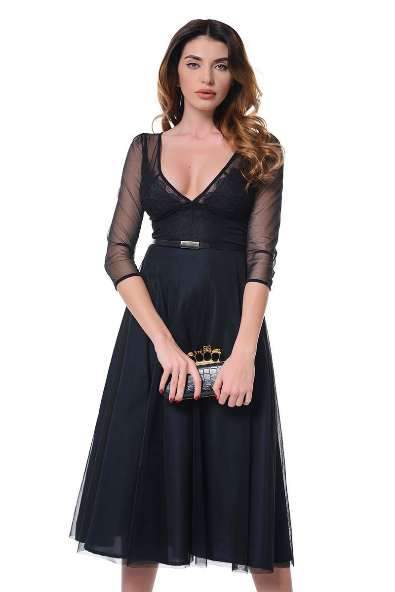 Buy Fitted Mesh V-neck Lace Zipper 3/4 sleeve black elegant dress