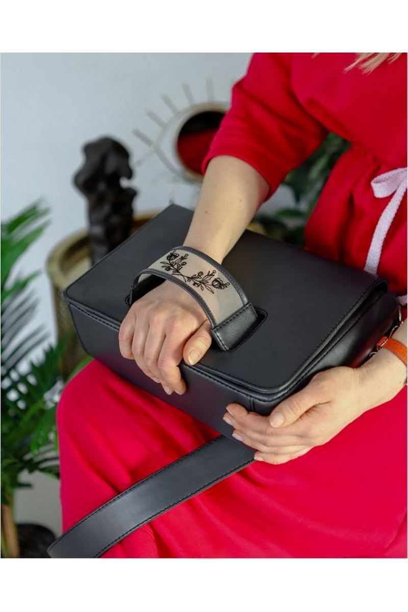 Buy Black leather women's handbag with tattoo bracelet, Medium сrossbody long handle сlutch bag