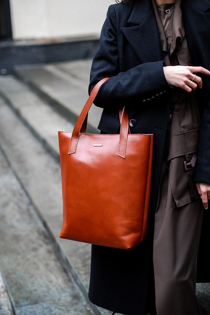 Buy Rectangular comfort brown leather women`s bag shopper short handles without lining
