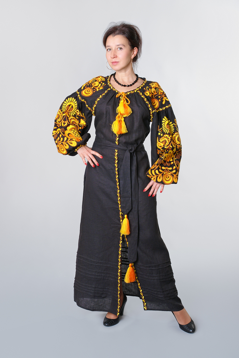 Buy Women Black Authentic Hippie Boho Folk linen embroidered summer dress , Ethnic Ukrainian style vyshivanka