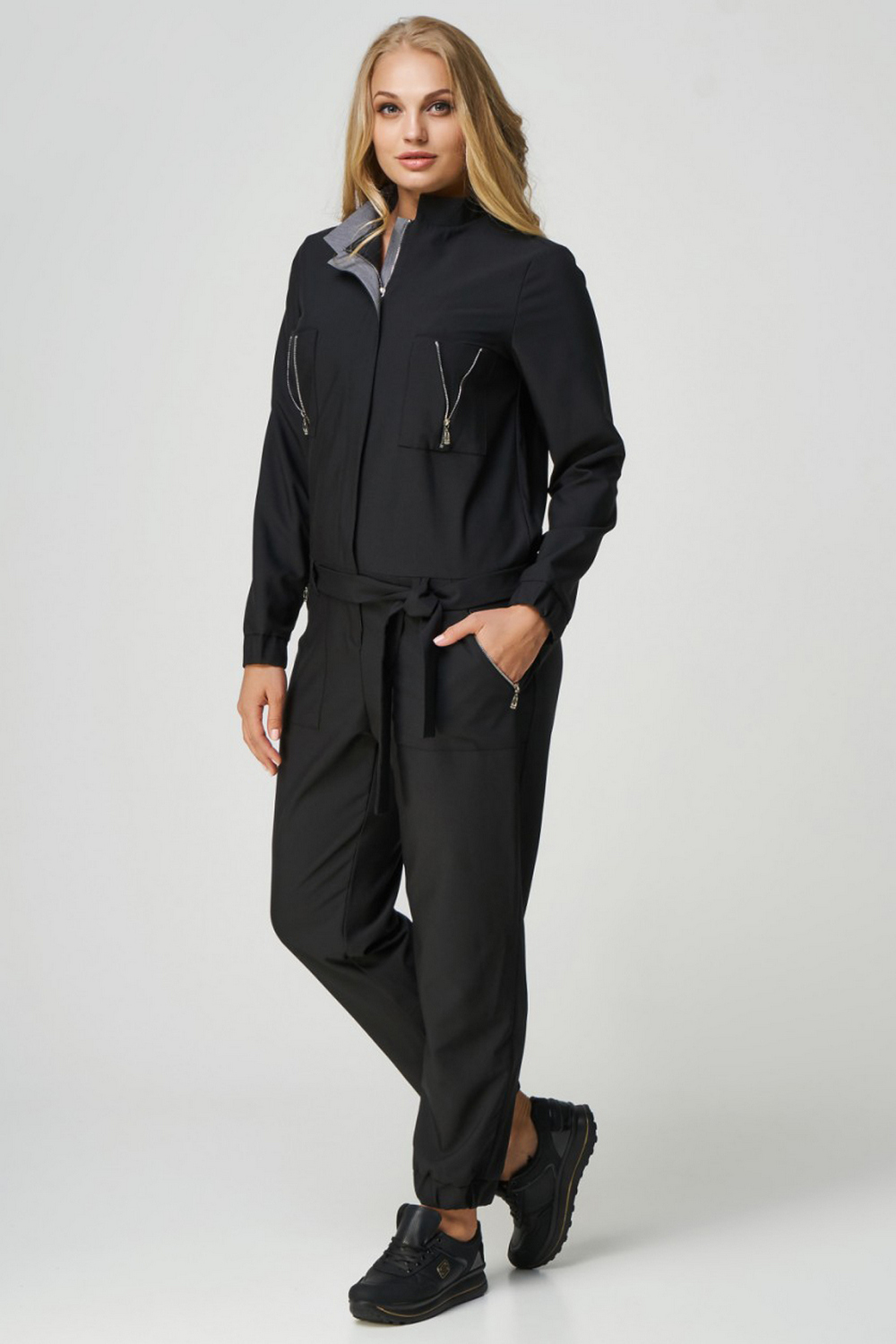 Buy Black women`s overalls with metal zipper, Long sleeve pilot style suit for ladies