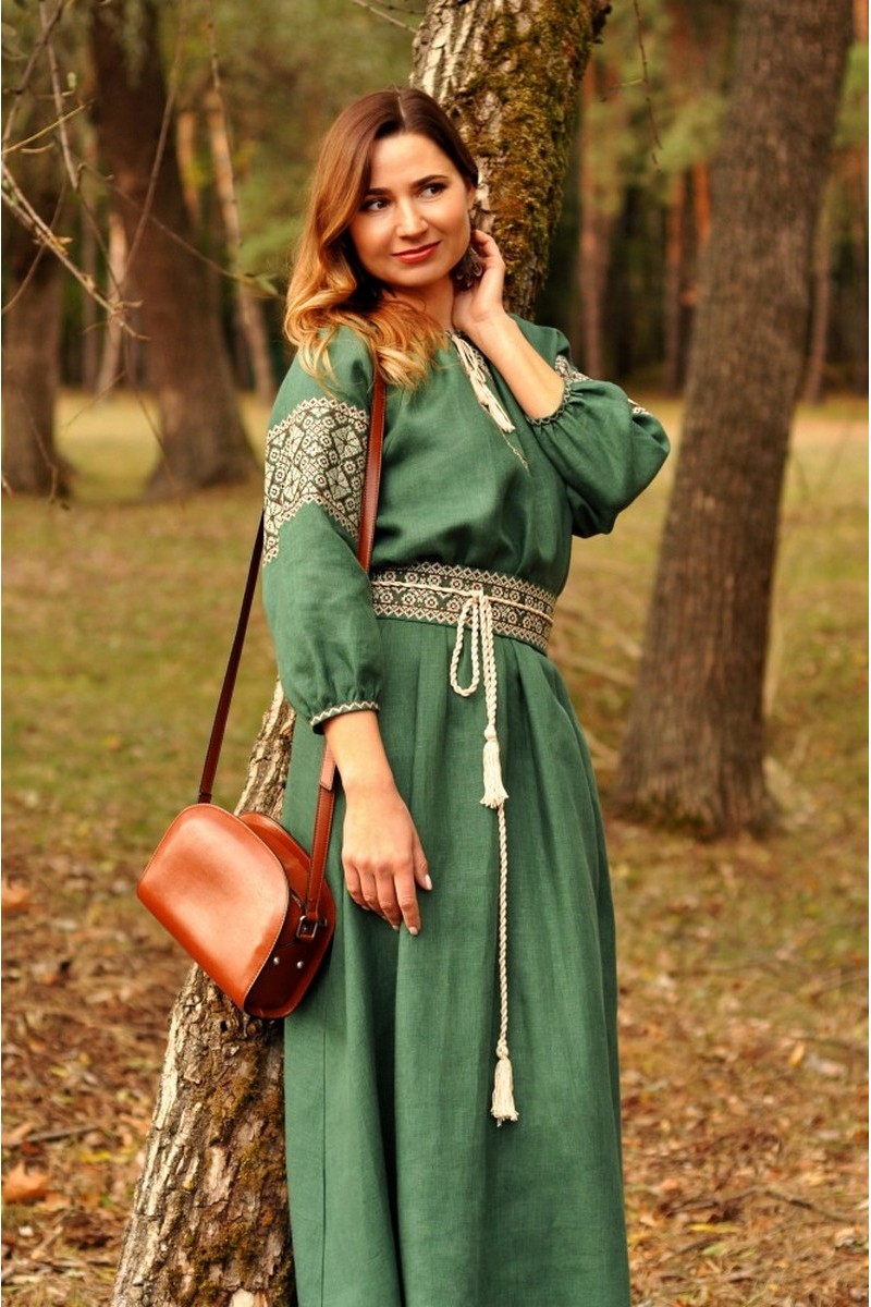 Buy Feminine long vyshivanka green women`s embroidered comfortable stylish ukrainian dress 