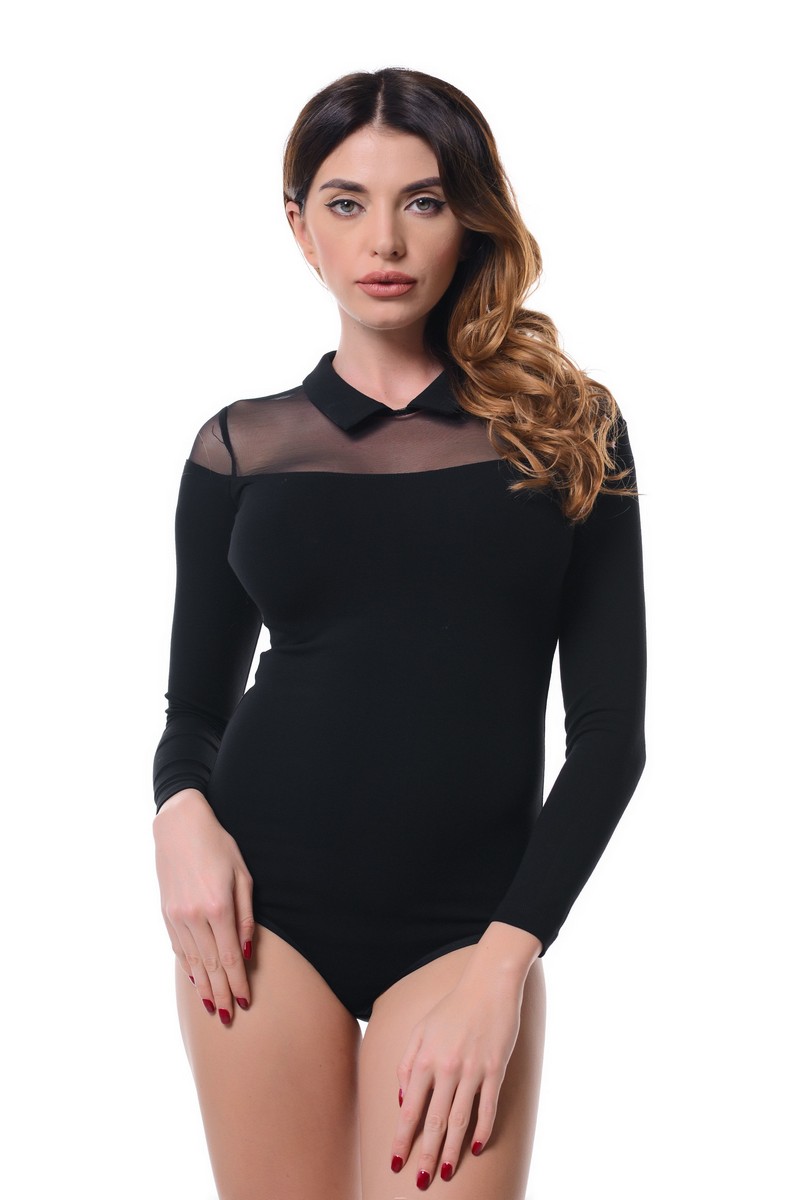 Buy Mesh Fitted turn-down collar Button-down Long sleeve black elegant blouse body