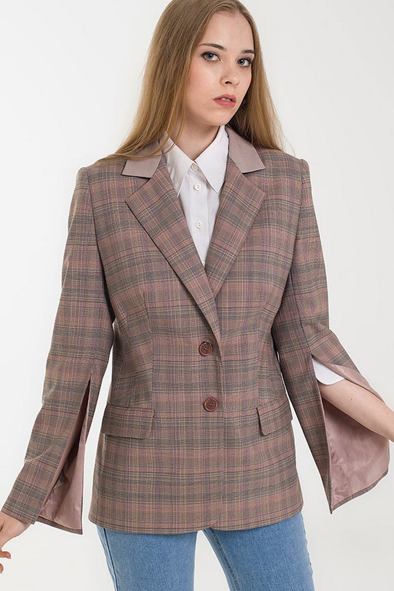 Buy Wool cotton grey checkered buttons women`s jacket cape