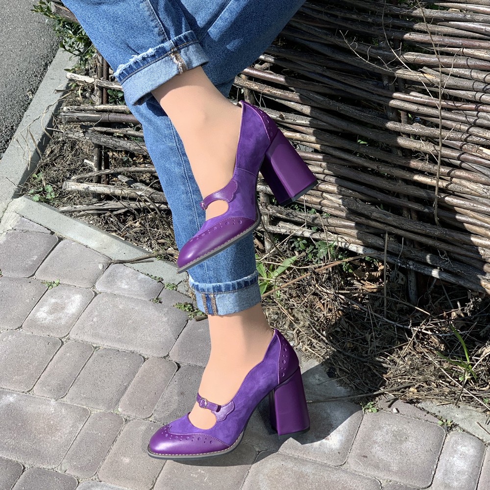 Buy Violet English style  heel leather shoes, women square toe strap designer handmade shoes