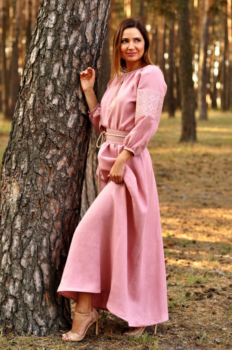 Buy Fabulous beautiful pink linen long Ukrainian dress, unique ethnic authentic dress