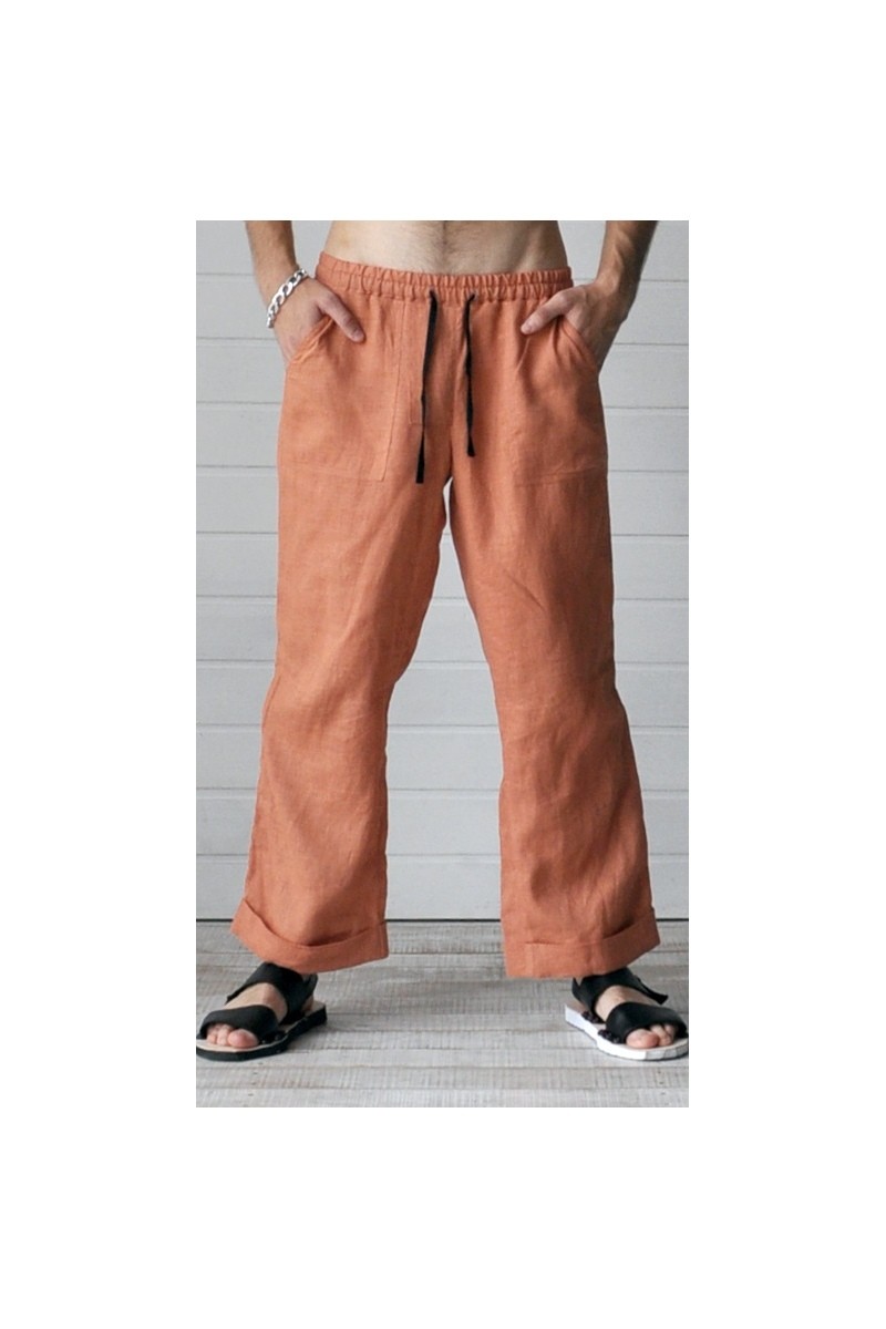 Buy Terracota Linen Cotton Comfortable pants, Straight pockets casual elastic waist pants
