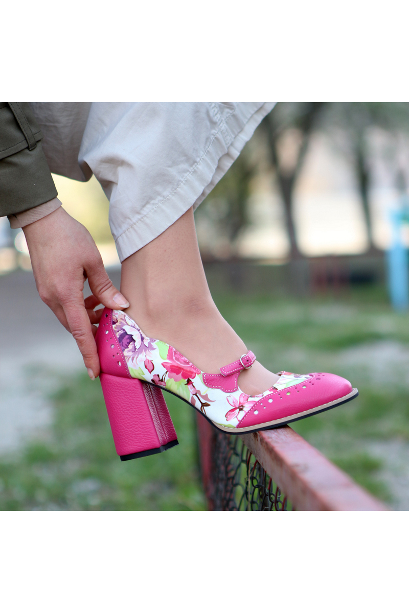 Buy Fuchsia leather heel women's shoes, floral pattern stylish designer women English style shoes