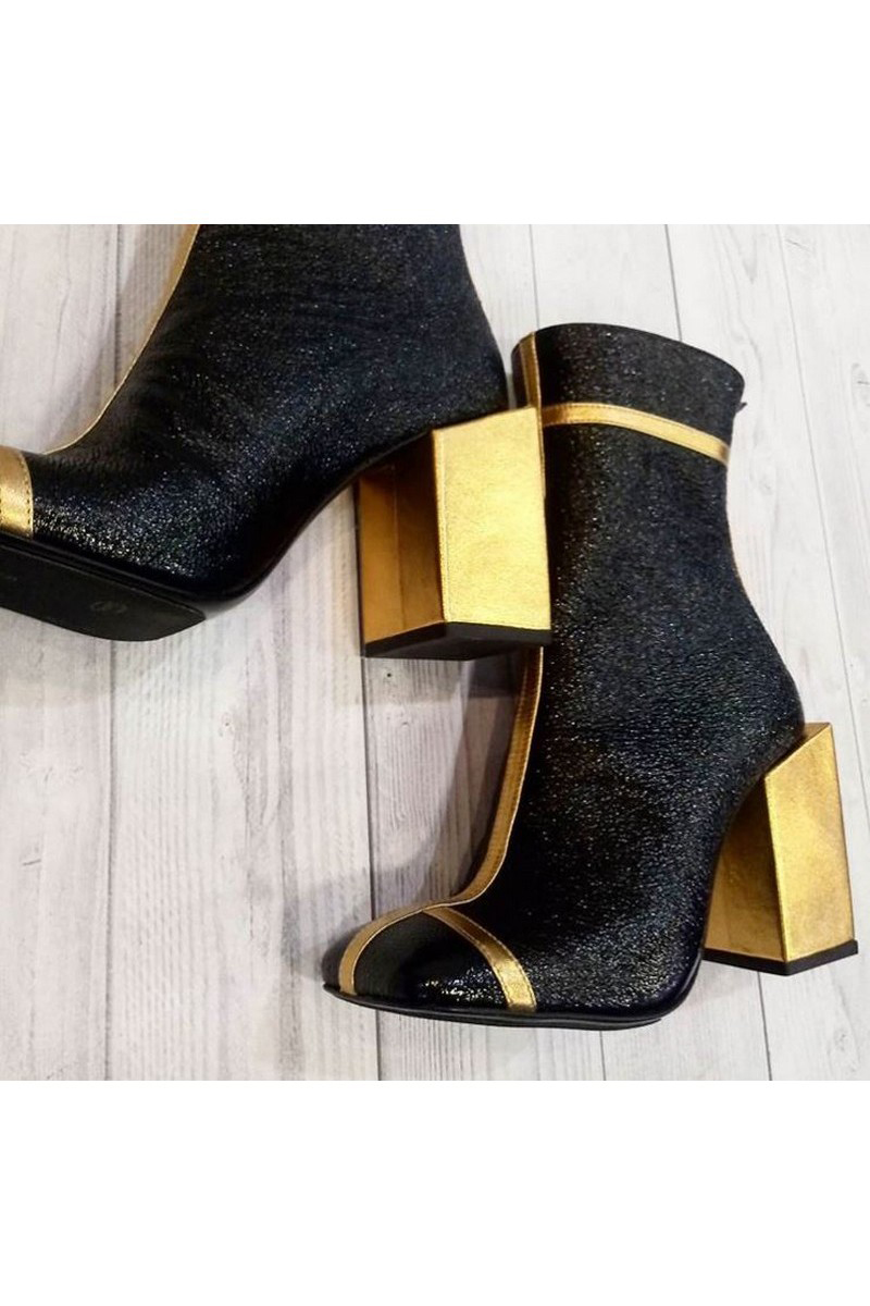 Buy Gold black heel ankle boots, square toe retro handmade leather women boots