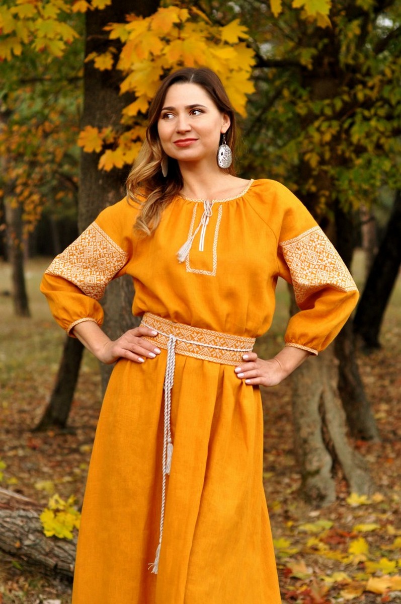 Buy Yellow long embroidered Ukrainian unique designer dress, vyshivanka dress