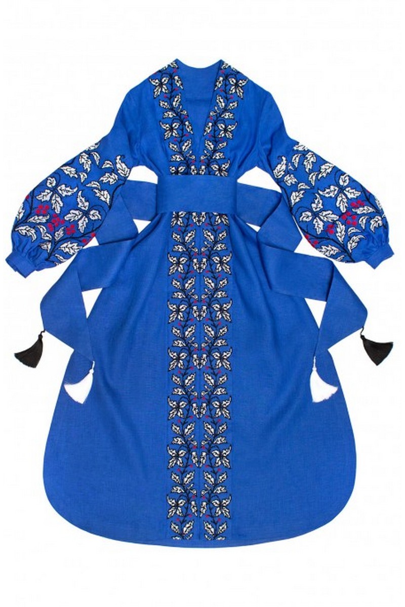 Buy Long dress boho ukrainian ethnic, blue linen embroidered vyshivanka handmade dress