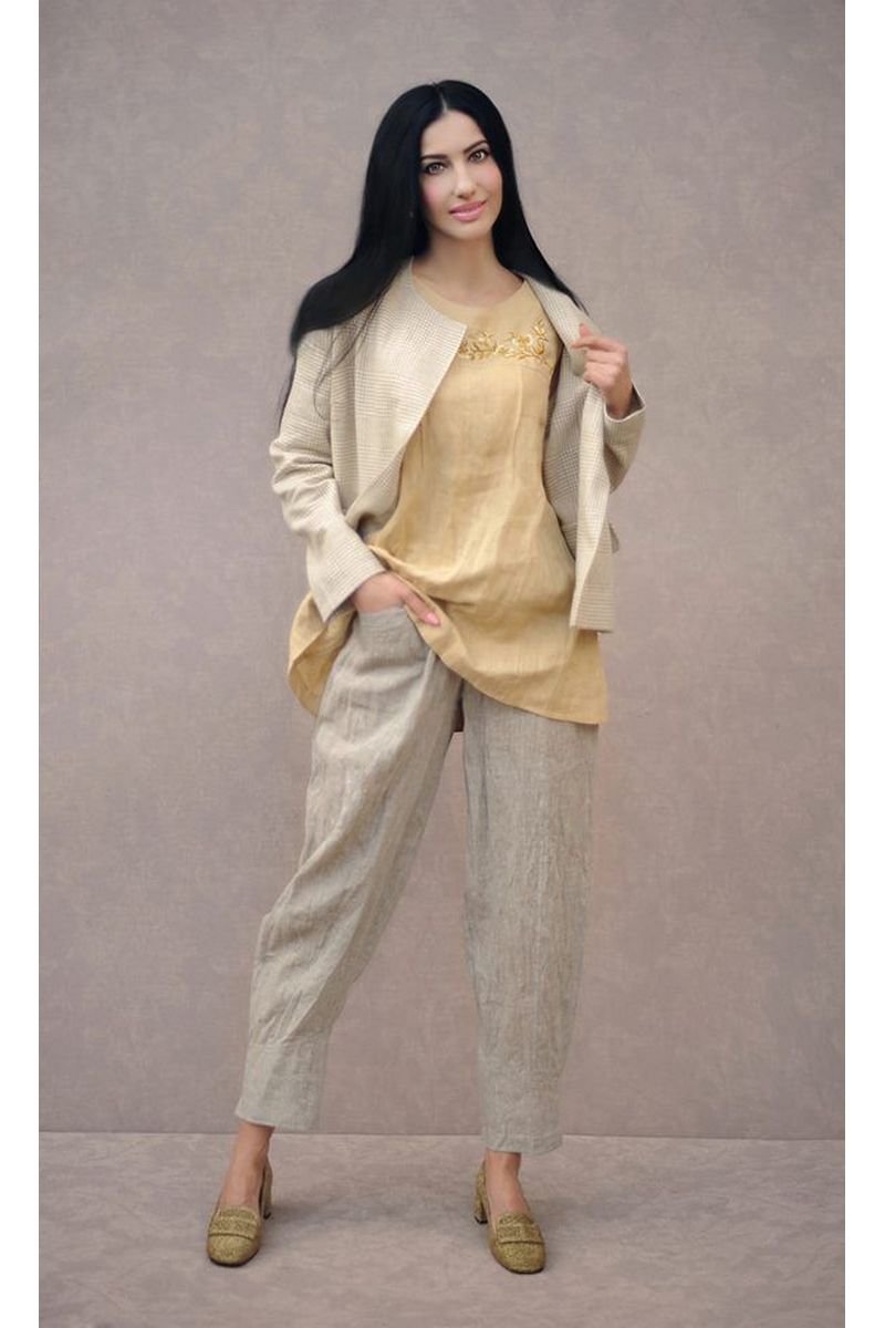 Buy Stylish oversized grey women`s linen handmade embroidered designer comfortable suit 