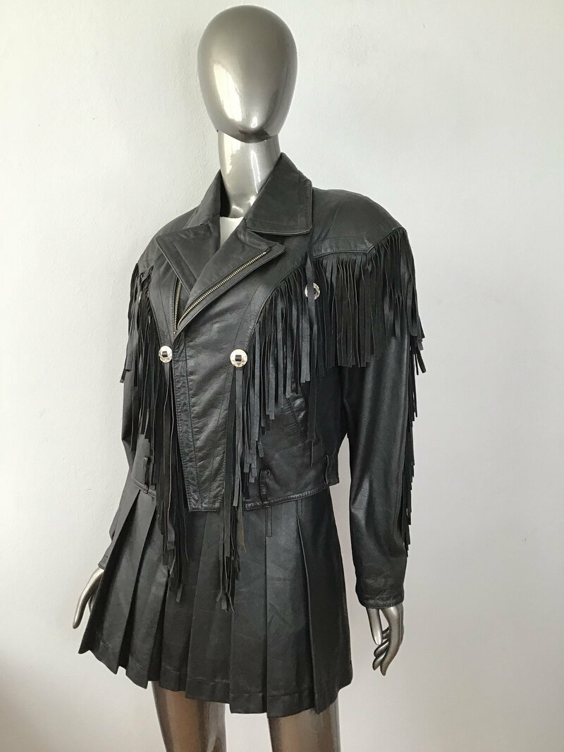 Buy Black women's jacket from real leather with long fringe western jacket cowgirl jacket with metal rivets short vintage jacket has size-large.