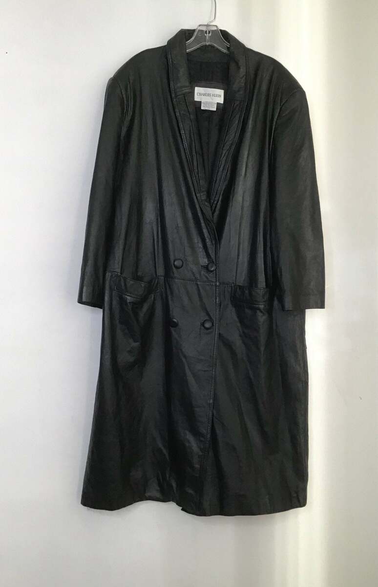 Buy Real soft leather long black color jacket fastened on two buttons have to pockets outside men size 2XL.