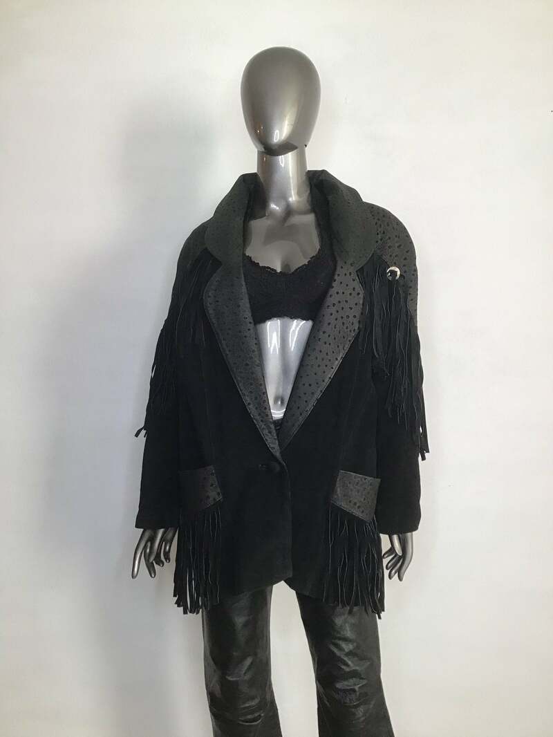 Buy Print leather ostrich fringe jacket with big two pockets designed beautifull buttons women size medium black color.