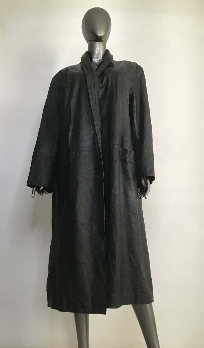 Buy Long real leather black color coat have two pockets outside women size extra large .