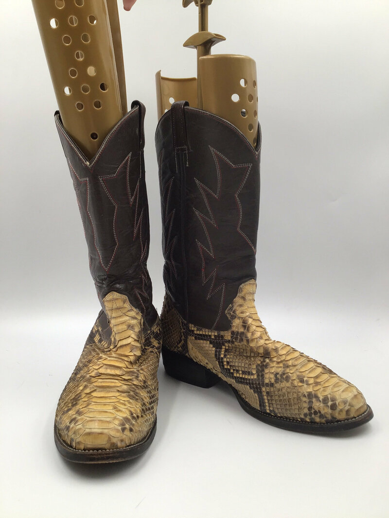 Buy Beige men's cowboy boots, python leather, vintage, embroidered, with unique pattern, western style, beige color boots 10.5