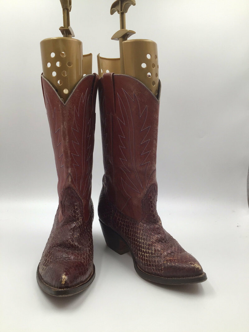 Buy Burgundy boots, men's boots, snake leather, vintage, embroidered, with unique pattern, western style cowboy boots, burgundy color, size 9