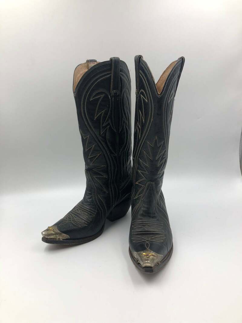 Buy Black men's boots, real leather vintage, embroidered, with unique print and metal decoration, western style cowboy boots black color size 9.