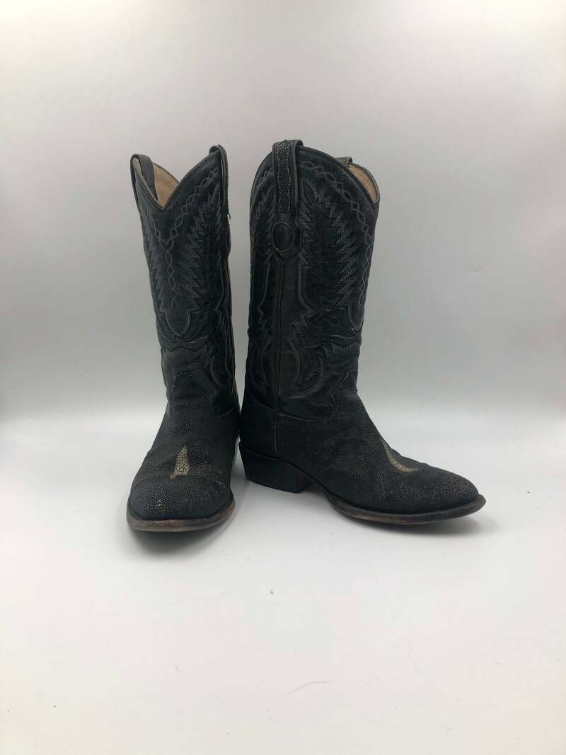 Buy Black boots, men's boots, real leather, vintage, embroidered, with print and beads, western style, cowboy boots, black color, size 8.