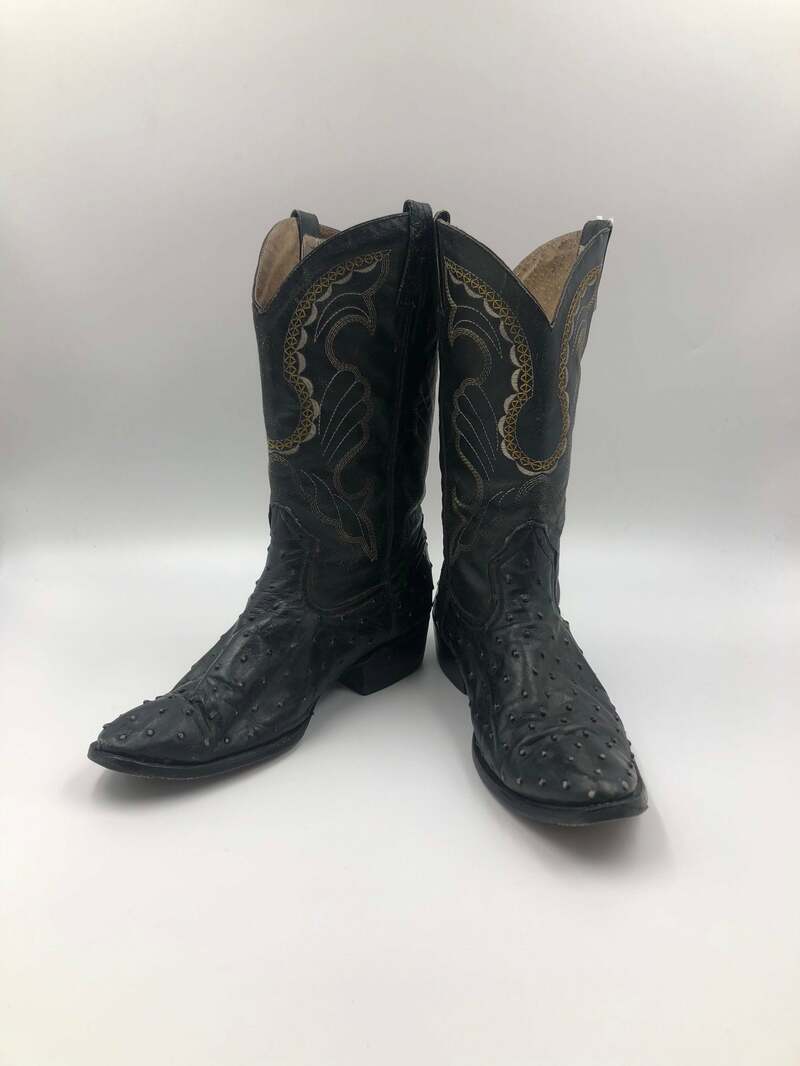 Buy Black boots, men's boots, real leather, vintage, embroidered, ostrich print, western style, cowboy boots, black color, size 9 1/2.