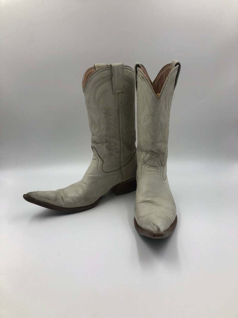 Buy White boots, men's boots, real leather, vintage, embroidered, with unique print, western style, cowboy boots, white color, size 7 1/2.