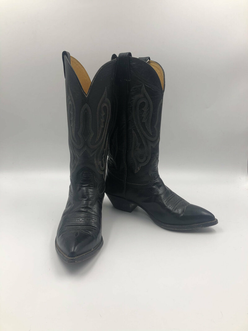 Buy Black boots, men's boots, real leather, vintage, embroidered, with unique pattern, western style, cowboy boots, black color, size 8.