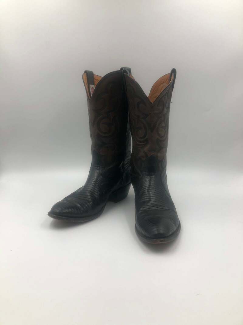 Buy Black boots, men's boots, lizard leather, vintage, embroidered, with unique pattern, western style, cowboy boots, black color, size 10
