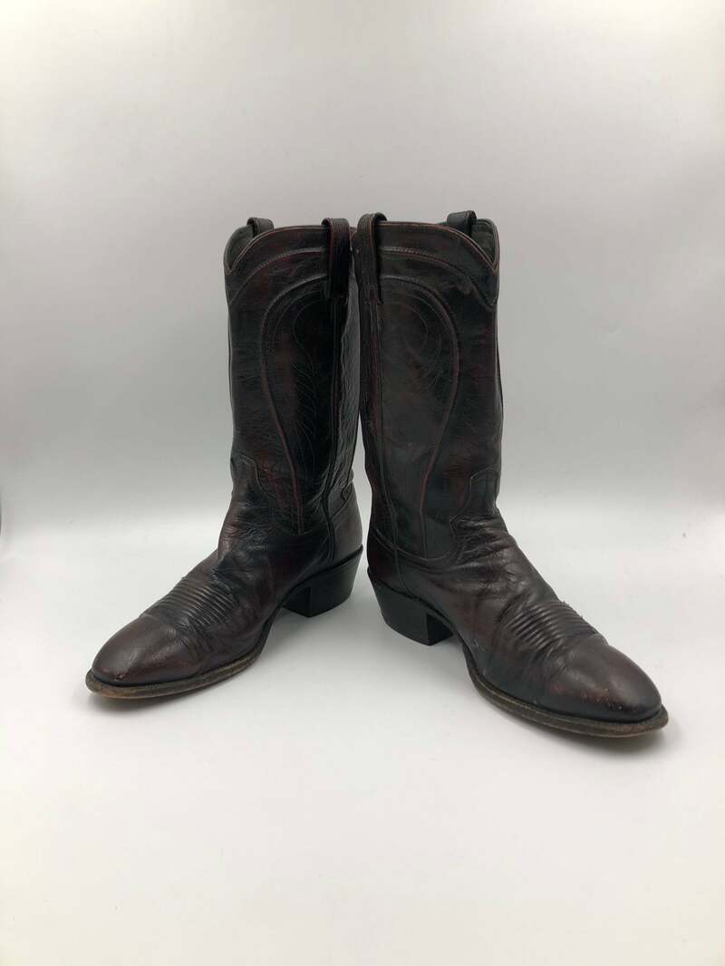 Buy Burgundy boots, men's boots, real leather, vintage, with unique pattern, western style, cowboy boots, dark gray color, size 10.
