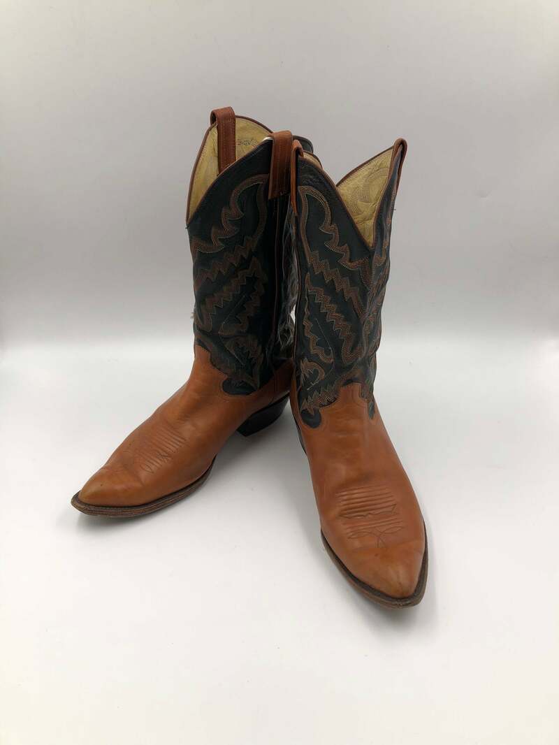 Buy Black men's boots, real leather, vintage, embroidered, with unique print, western style, cowboy boots, black with orange color, size 12.