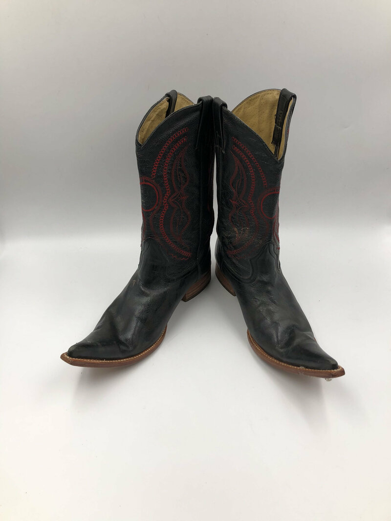 Buy Black boots, men's boots, real leather, vintage, embroidered, with unique pattern, western style, cowboy boots, black color, size 8 1/2.