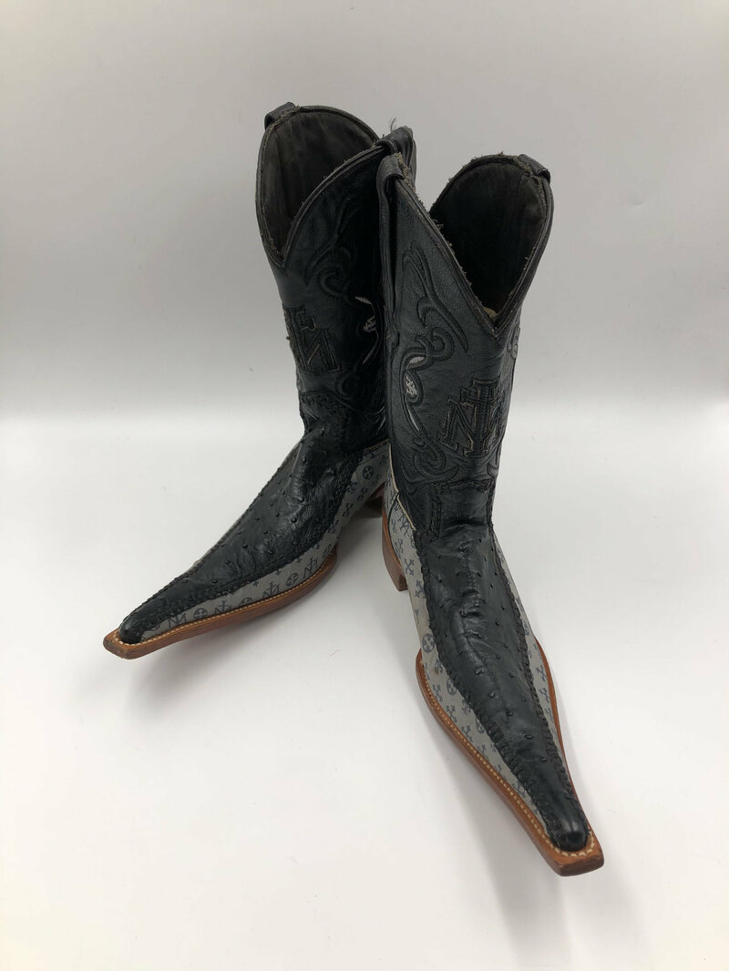 Buy Black men's boots ostrich leather with textile inserts, vintage, embroidered with unique print, western style cowboy boots black size 7 1/2.