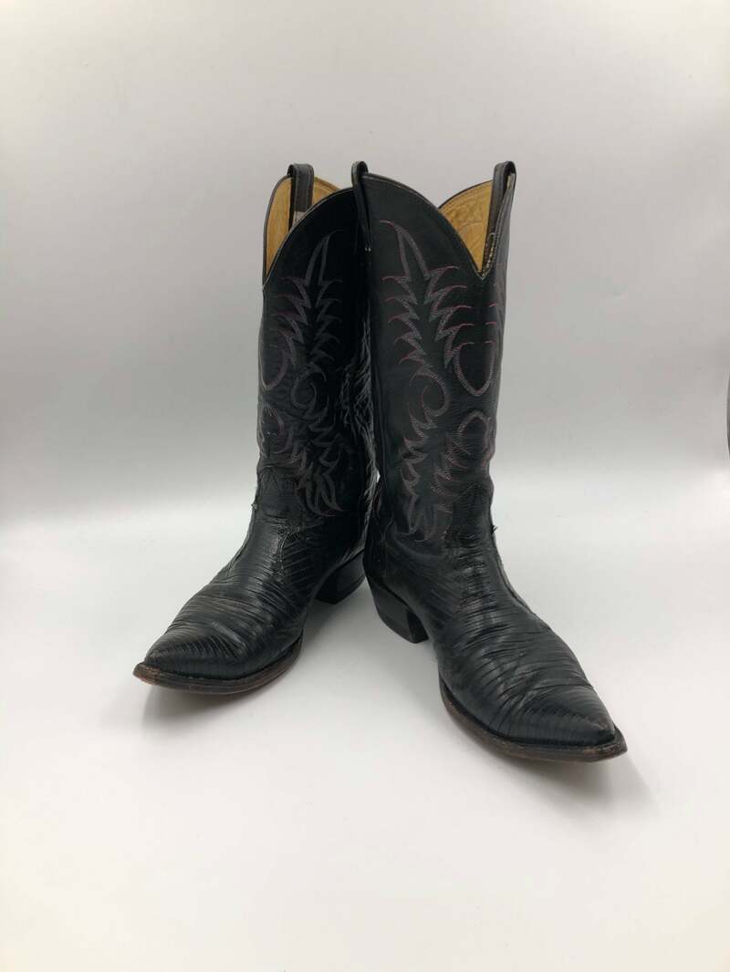 Buy Black boots, men's boots, real leather, vintage, embroidered, with unique pattern, western style, cowboy boots, black color, size 9 1/2.