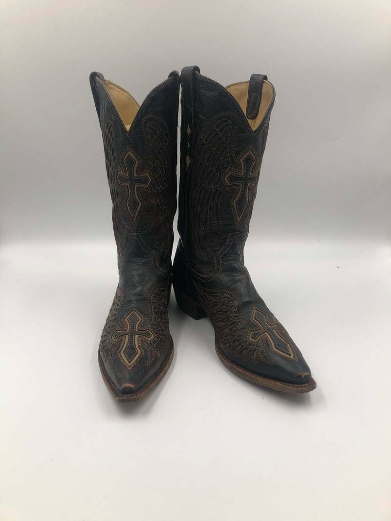 Buy Black boots, men's boots, real leather, vintage, embroidered, with unique print, western style, cowboy boots, black color, size 10.