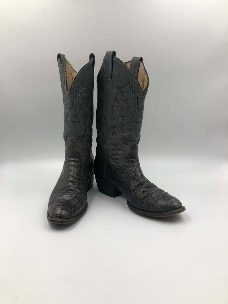 Buy Gray boots, men's boots, real leather, vintage, embroidered, with unique print, western style, cowboy boots, dark gray color, size 9.