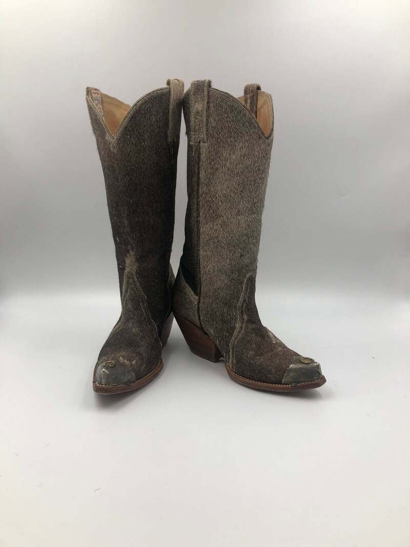 Buy Gray cowgirl boots, real cow fur western boots vintage metal decoration, western style cowboy boots beautiful color shoes size 6 1/2.