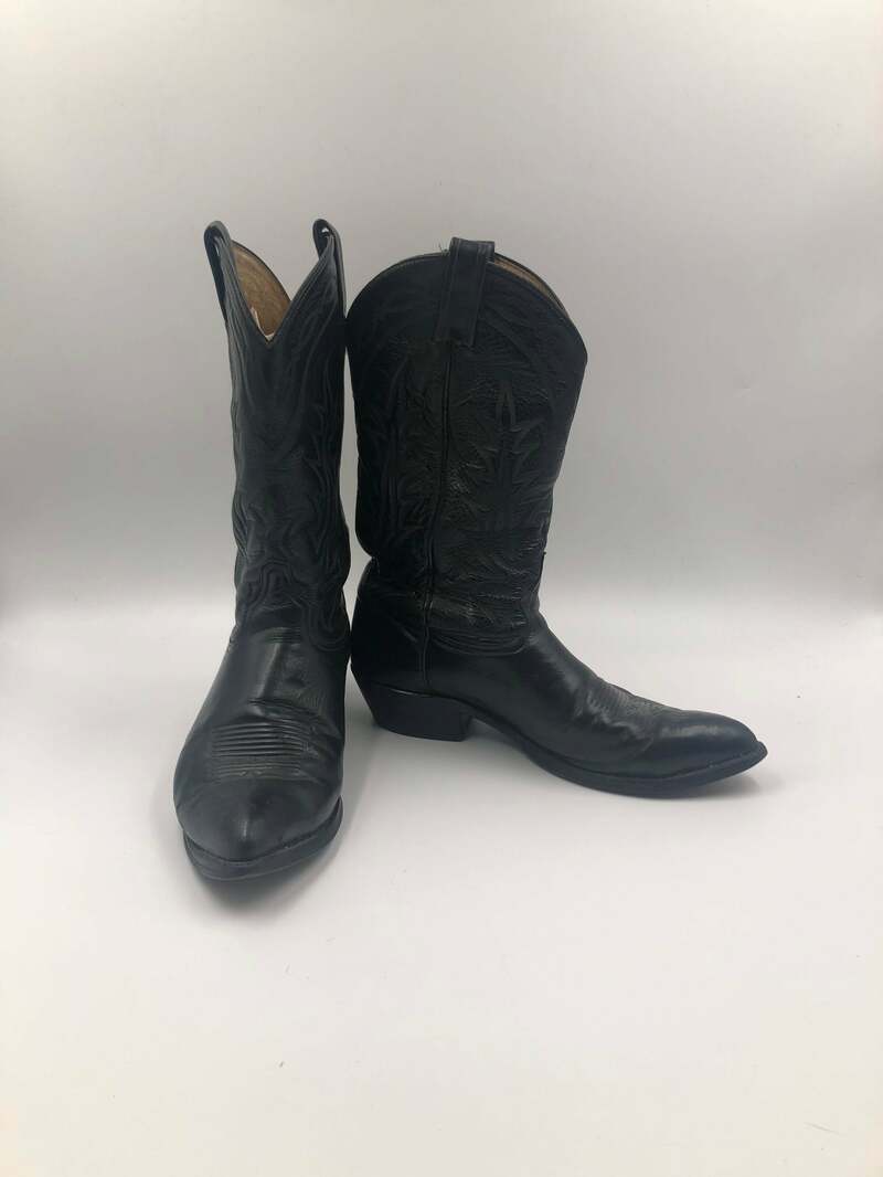 Buy Black boots, men's boots, real leather, vintage, embroidered, with unique pattern, western style, cowboy boots, black color, size 11.
