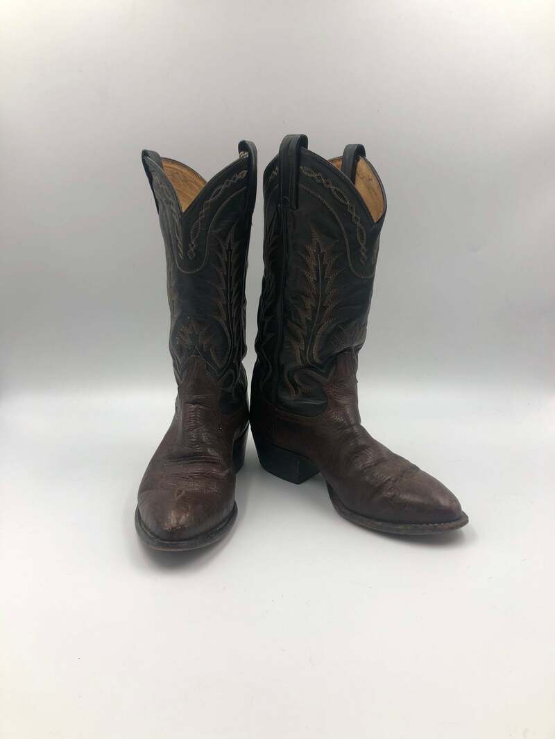 Buy Brown and black men's boots, real leather, vintage, embroidered with unique print, western style cowboy boots, black and brown color size 8.