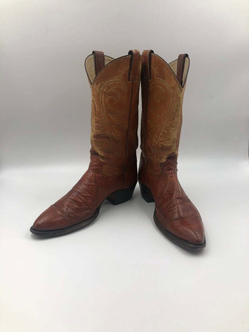 Buy Orange boots, men's boots, real leather, vintage, embroidered, with unique print, western style, cowboy boots, orange color, size 9 1/2.