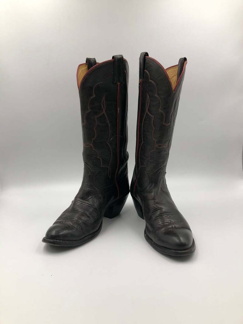 Buy Black boots, men's boots, real leather, vintage, embroidered, with unique pattern, western style, cowboy boots, black color, size 10 1/2.