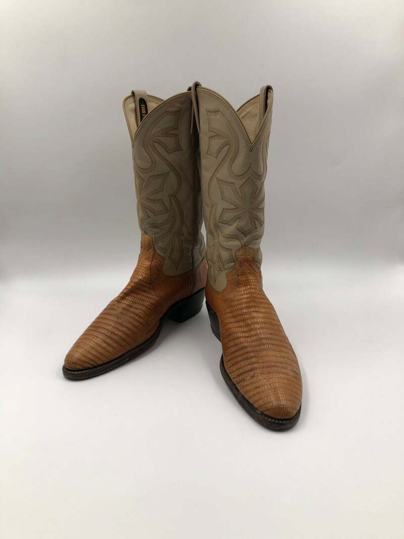 Buy Beige boots, men's boots, real iguana leather, vintage, embroidered, with unique pattern, western style, cowboy boots, beige color, size 10.