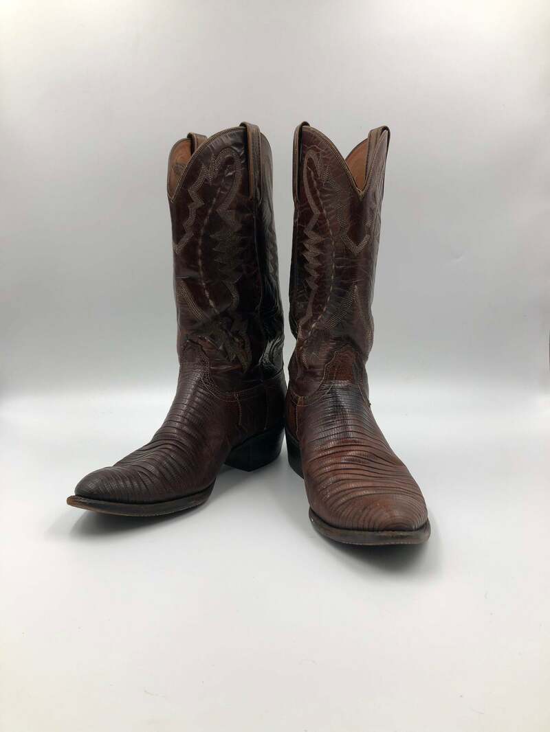 Buy Brown men's boots, real iguana leather, vintage, embroidered, with unique pattern, western style, cowboy boots, chocolate color, size 10.
