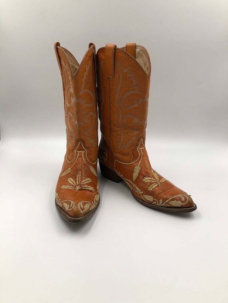 Buy Orange men's boots, real leather, vintage, embroidered stitching, with unique pattern, western style, cowboy boots, orange color, size 10.