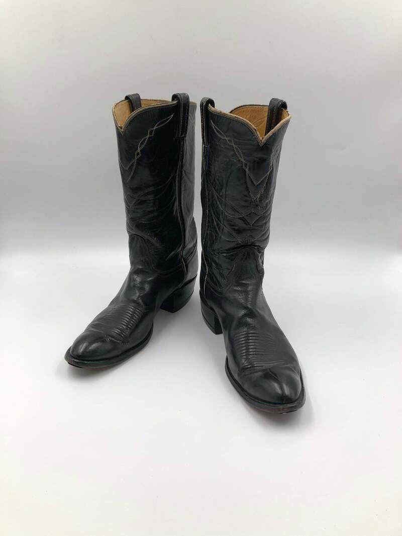 Buy Black boots, men's boots, real leather, vintage, embroidered, with unique pattern, western style, cowboy boots, black color, size 9 - 9 1/2.
