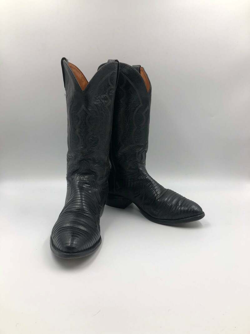 Buy Black boots, men's boots, real iguana leather, vintage, embroidered, with unique pattern, western style, cowboy boots, black color, size 10.