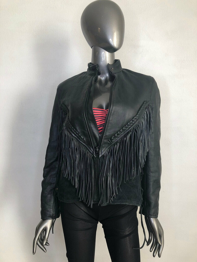 Buy Black women's jacket from real leather with fringe western jacket cowgirl jacket with suede back short jacket vintage has size-extra small.