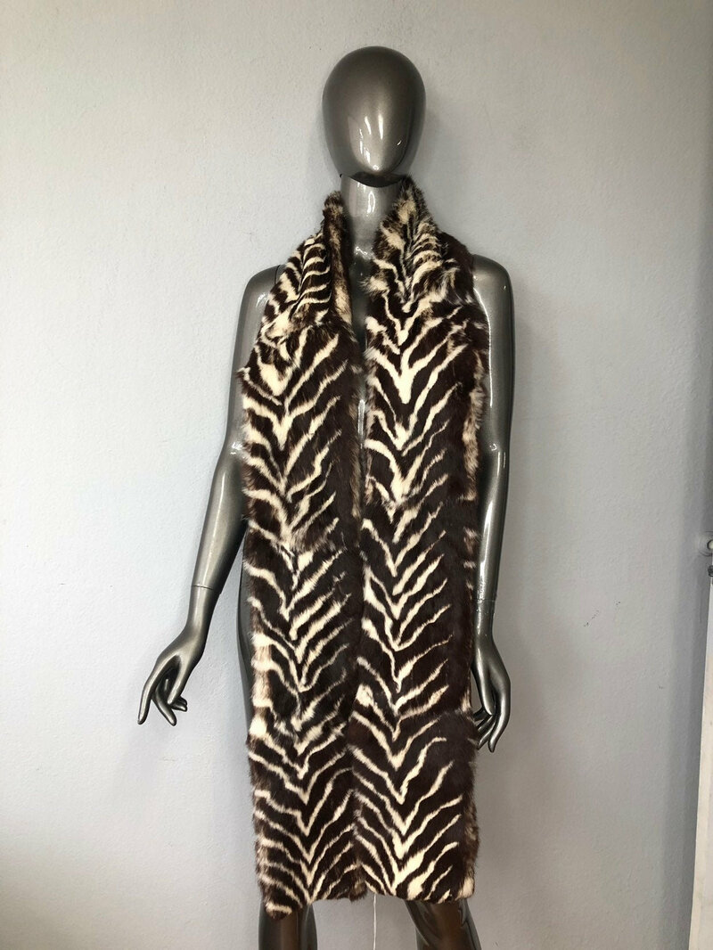 Buy Rabbit Fur Scarf Women's Wide long scarf in vintage style brown color with white stripes warm scarf for coat or jacket has universal size.