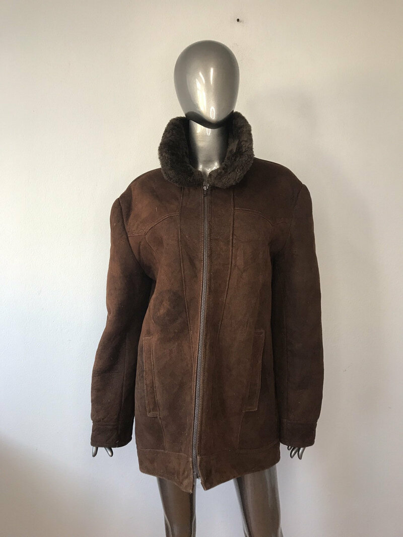 Buy Sheepskin Coat Sporty Style Brown Womens warm free form with collar and pockets unisex model size medium.