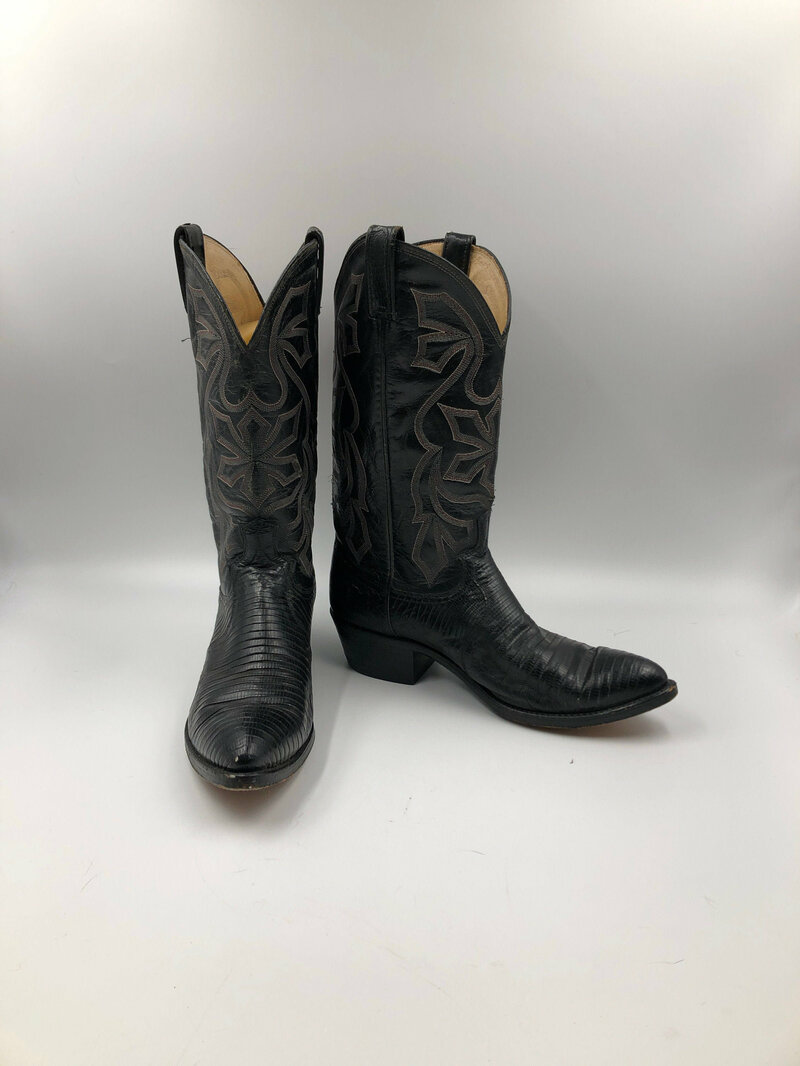 Buy Black men's boots real lizard leather vintage boots embroidered with unique pattern western style cowboy boots country style retro size 9.